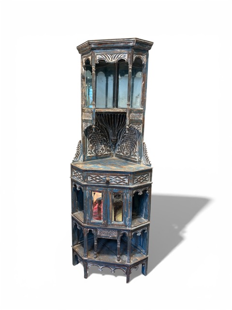 India Haveli Carved Wood Mirror Corne R Cabinet Distressed Jodhpur Blue